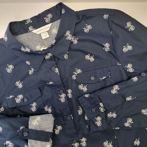 Christopher & Banks Womens Dk Blue White Bikes LS Roll-tab Collared Shirt L NWT